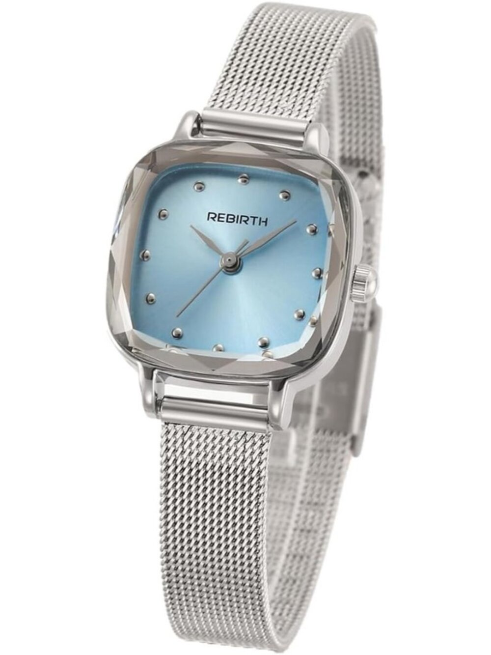 Women's Silver Blue Square Minimalist Dial Mesh Band Crystal Case Wrist Watch